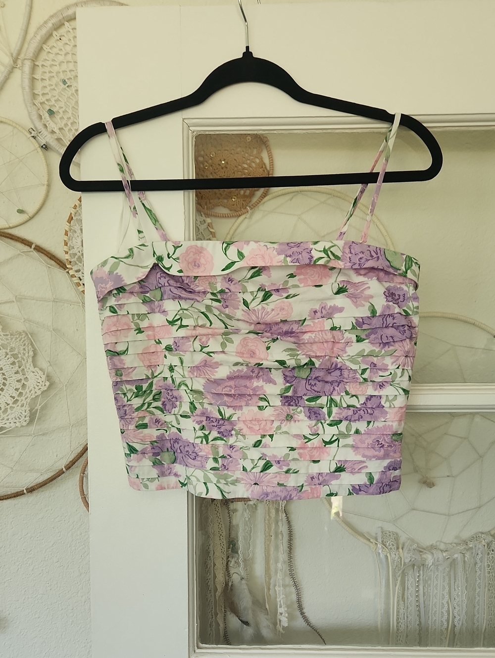 Floral Ruched/ Layerd Camisole With Removable Straps - Pink, Purple & Green